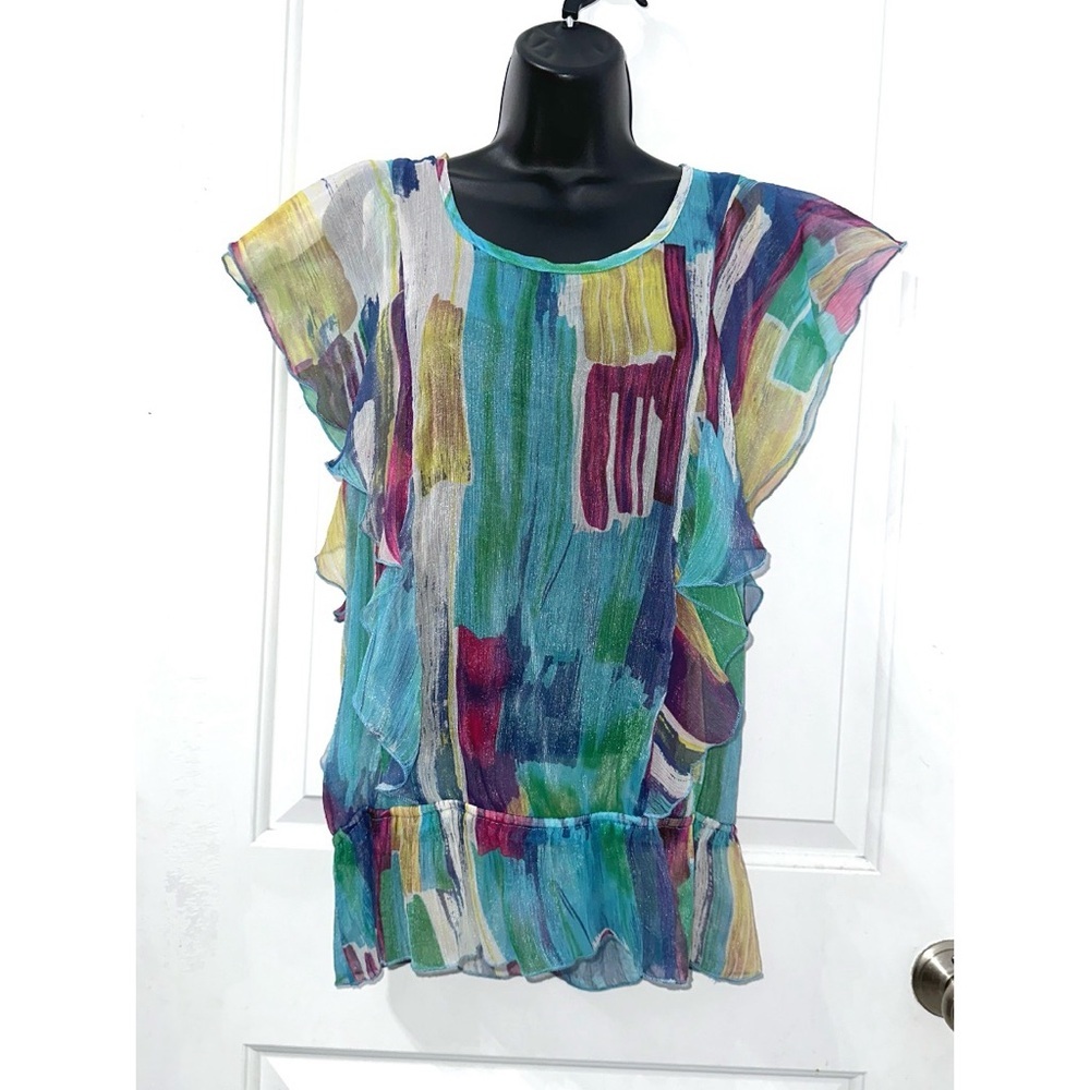 Daytrip lightweight, sheer chiffon blouse featuring a colorful